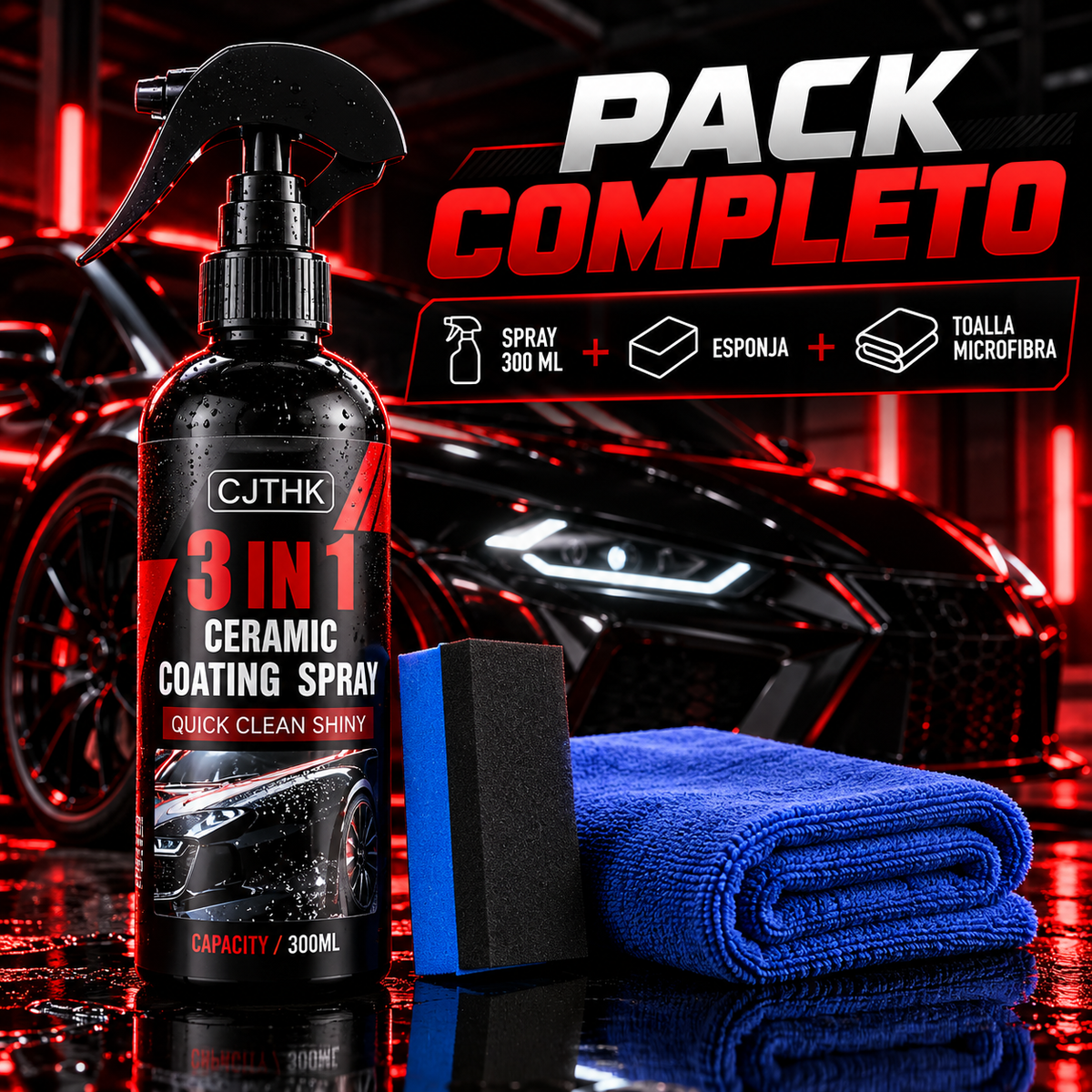 Spray Cerámico para Coches 3 en 1 con Esponja y Paño de Microfibra – 300 ml